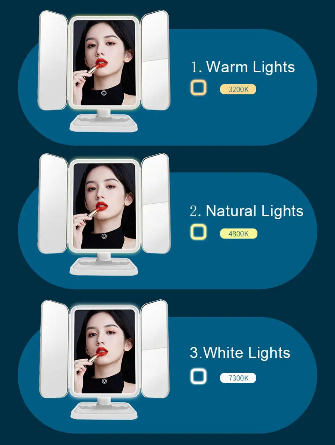 LumiFace™ – Miroir LED 3 Volets Beauté Pour Femme
